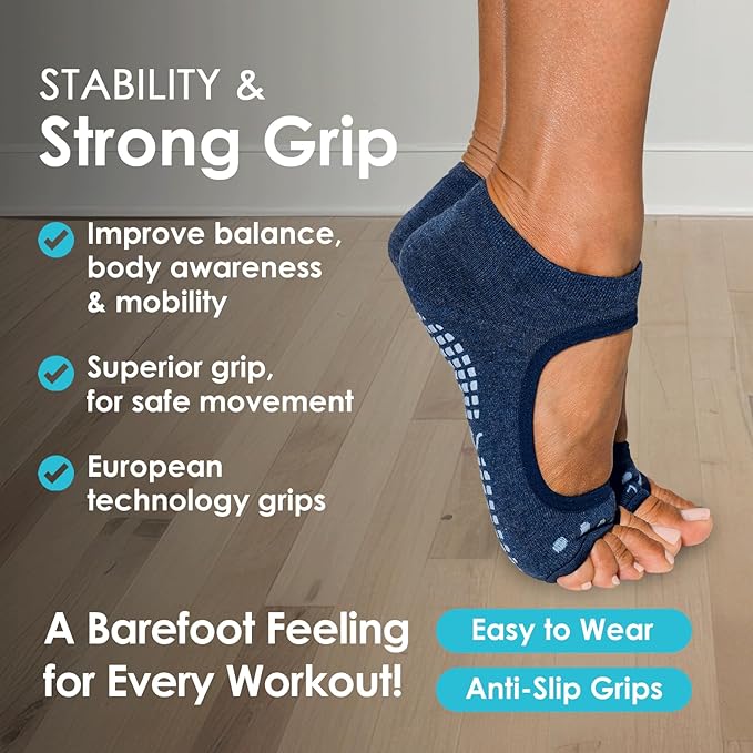 Tucketts Toeless Pilates Socks with Grips for Women, Non-Slip Yoga & Barre Socks for Stability & Barefoot Workouts, Size 6-13