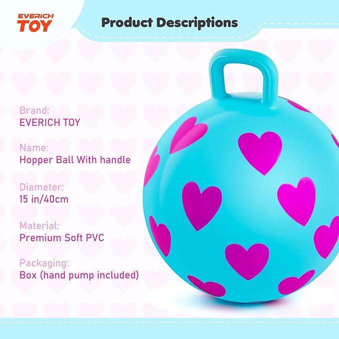 EVERICH TOY Hopper Ball,15In Sit On Bouncy Balls with Handle, Purple Heart Girls Toys for Indoor Outdoor Active Play Toys, Inflatable Christmas Hopping Toy for Girls Boys Gifts 3 4 5 6 7 Yr Old