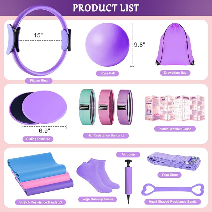 Pilates Equipment Kit For Women, Home Pilates Kit With 15" Pilates Ring, Home Workout Pilates Ring Set With Resistance Bands, Yoga Ball & Guides, Pilates Ring And Ball Set For Starters Home Workouts