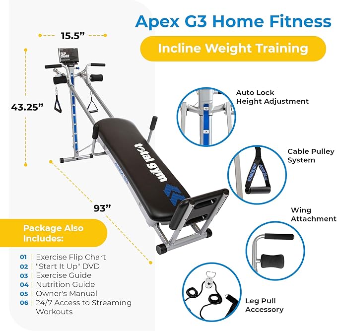 TOTAL GYM APEX G3, Slim-Frame Incline Bodyweight Training Home Exercise Machine, w/ 8 Levels of Resistance, Squat Stand, & Basic Accessory Set
