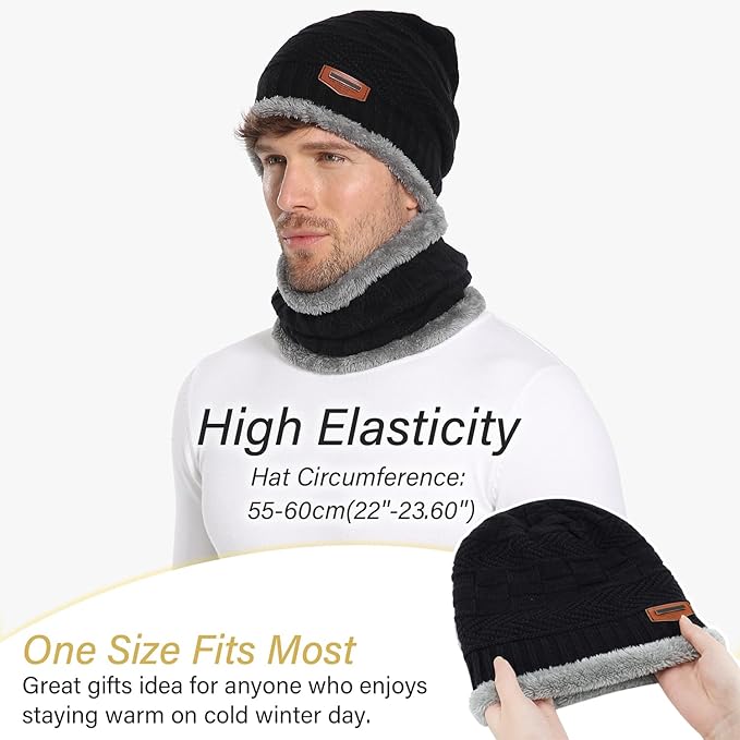 FZ FANTASTIC ZONE Mens Womens Winter Beanie Hat Scarf Set Warm Knit Thick Fleece Lined Skull Cap Neck Warmer for Men Women