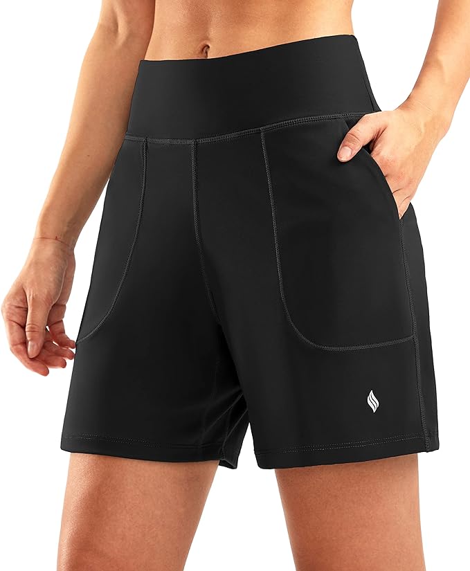 SANTINY Women's 6'' Athletic Long Shorts with 4 Pockets High Waisted Bermuda Shorts for Women Walking Running Casual