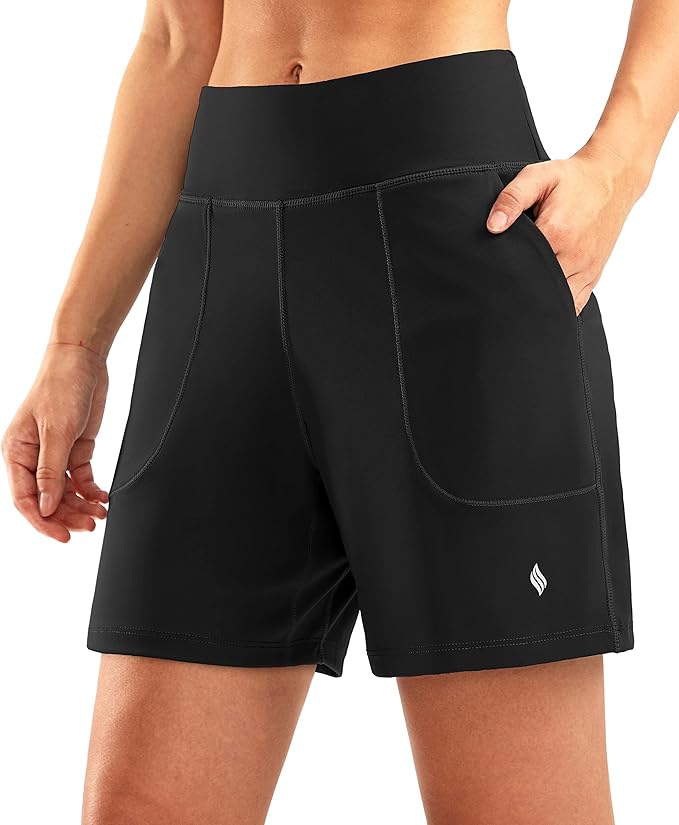 SANTINY Women's 6'' Athletic Long Shorts with 4 Pockets High Waisted Bermuda Shorts for Women Walking Running Casual