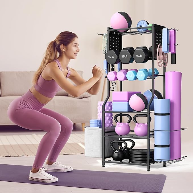 Dumbbell Rack, Home Gym Storage for Kettlebells, Yoga Mat & Strength Training Equipment, Weight Rack With Peg Board Organizer, Workout Gym Equipment Storage