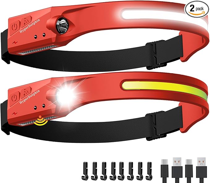 Rechargeable LED Headlamp (2-Pack, Red) – 350 Lumens, Waterproof, Wide 230° Beam, USB-C Charging, Ideal for Outdoor Adventures & Repair Work Lightweight, Comfortable – Perfect for Camping, Hiking
