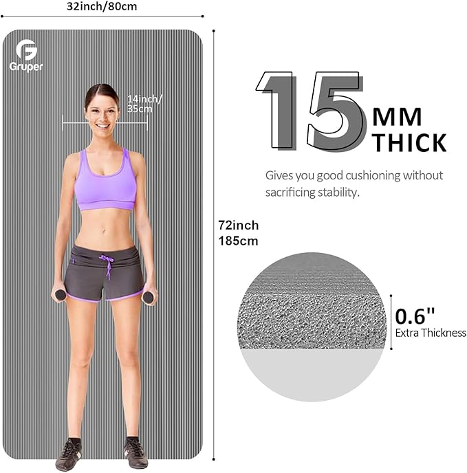 Yoga Mat Non Slip NBR Extra Thick Yoga Mat, 72"L x 32"/24"W x 0.6"/0.4"TH (185cm x 80cm/61cm x 15mm/10mm), Anti-Tear Exercise Mat with Carrying Strap and Bag, Workout Mats for Yoga, Pilates