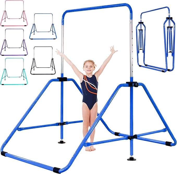 MARFULA Foldable Gymnastic Bar for Kids Ages 3-12, 9 Height Levels, 200 lbs Weight Capacity, 5 Ft Length Gymnastic Kip Bar with Mat, Gymnastic Equipment for Home and Gym Center Indoor Outdoor Use