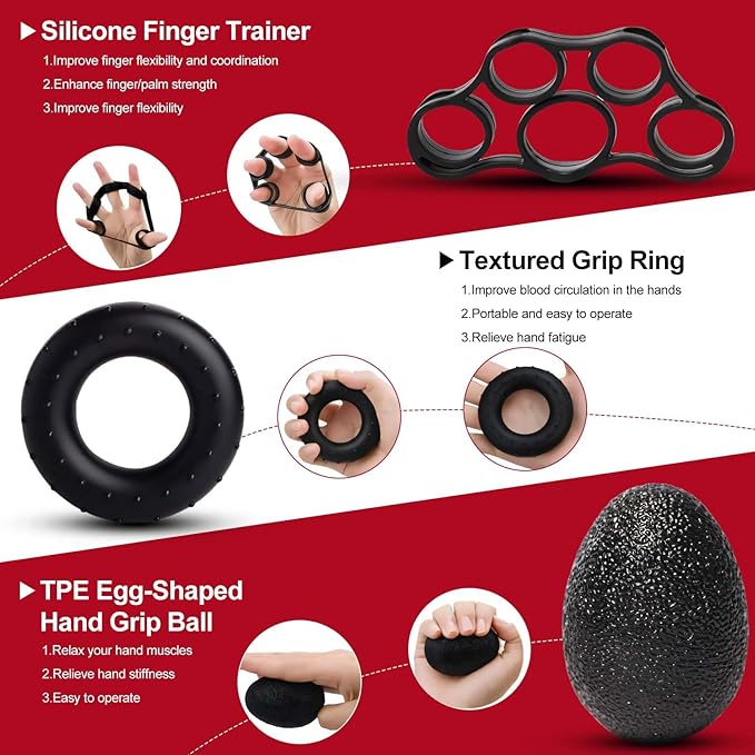 Hand Grip Strengthener Set with Piano Finger Exerciser, Silicone Trainer, Grip Ring, TPE Ball, 5 Pieces