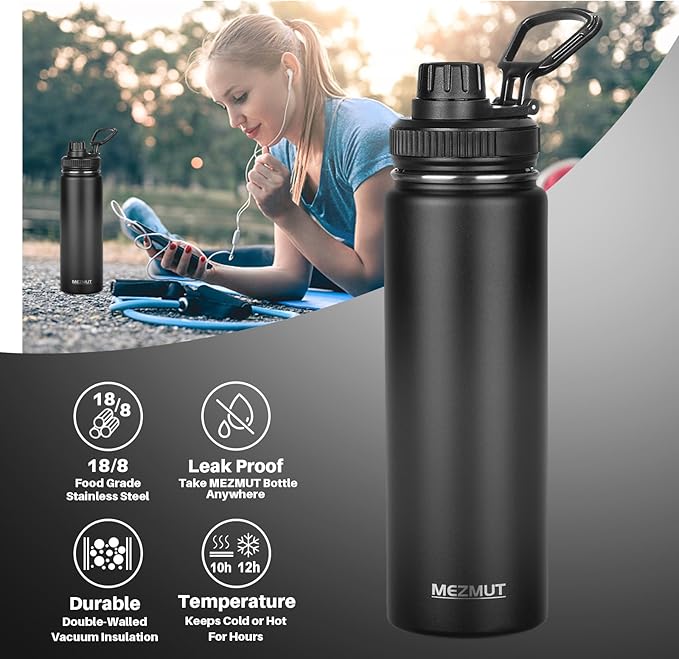 MEZMUT Insulated Water Bottle 24oz Stainless Steel Water Bottles with Straw&2 Lids Sports Metal Water Bottle Cup Double Walled Vacuum Insulated Bottles Leak-Proof Travel(Black)