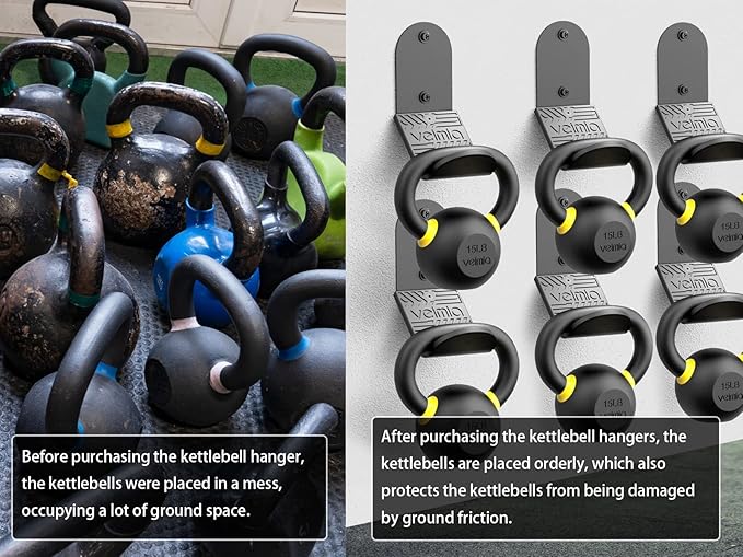 veimia Kettle Bell Wall Rack, Wall Mounted Kettle Bell Storage Hanger, Gym Storage Mount for many Size Kettlebell, Kettlebell Rack with rubber mat is choice for home or commercial gyms
