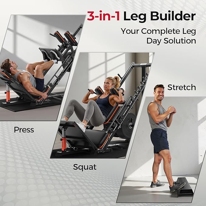 FEIERDUN 3‑in‑1 Leg Press Hack Squat Machine with Stretch Board – Adjustable Leg Press Machine for Home Gym with Full Range of Motion & Ultra-Quiet Pulley System