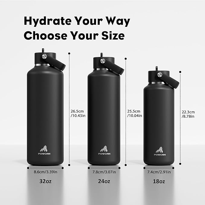 POWCAN 18 oz Kids Water Bottle: Leakproof, Keep Cold 24H, Cupholder Friendly, Top Handle, BPA-Free, Slim Insulated Water Bottle with Straw for School, Sport, Travel, Gym, Running (Midnight Black)