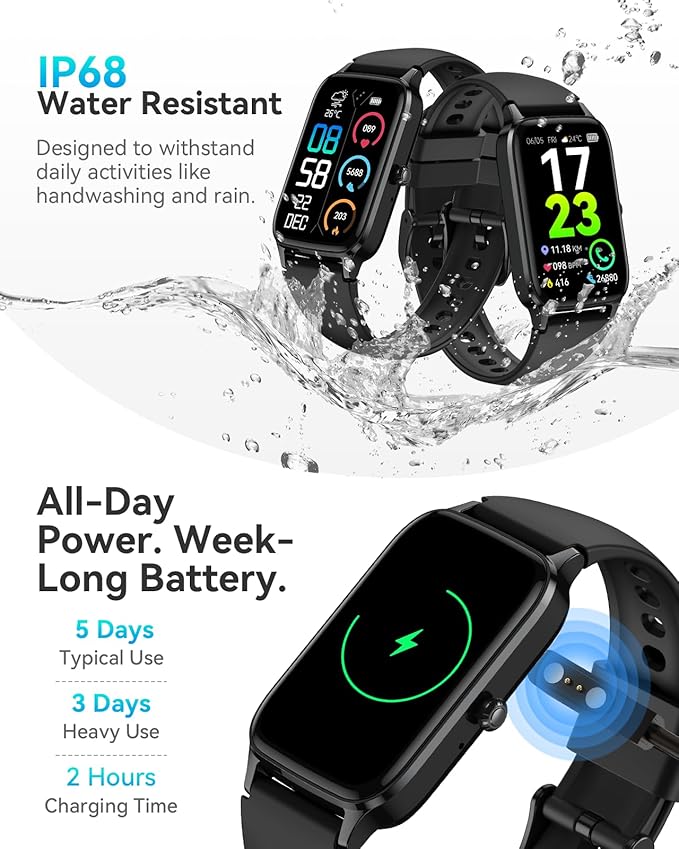 Fitness Activity Tracker for Women Men, Smart Watch Compatible with iPhone Android, IP68 Waterproof Step Counter with 110+ Sports, Sleep Monitor, Calorie Counter (Casual, Black, 1.57)