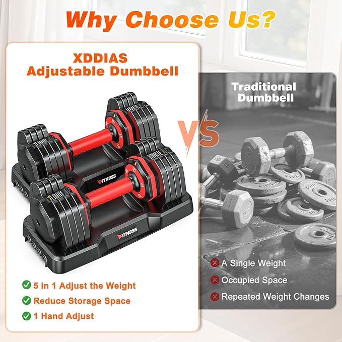 XDDIAS Adjustable Dumbbell Set of 2, 25/55/80LB Dumbbell Set-Fast Adjust Weights Set, 5/10/16 in 1 Free Weights Dumbbells Set with Anti-Slip Metal Handle, Compact Size for Men/Women Home Gym Equipment