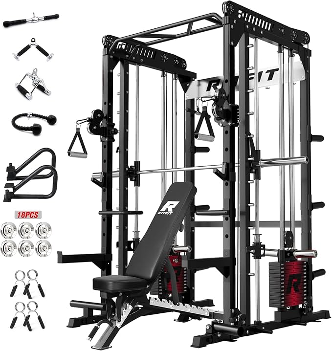 RitFit M1 Pro Smith Machine Package, All-in-One Power Cage with Weight Stack Set, Includes LAT Pulldown & Cable Crossover System for Home Gyme