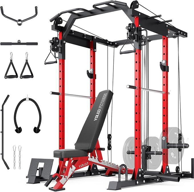 YOLEO Smooth Dual Pulley System Power Cage, 1700LBS Adjustable Cable Crossover Power Rack, Multi-Functional Squat Rack for Home Gym