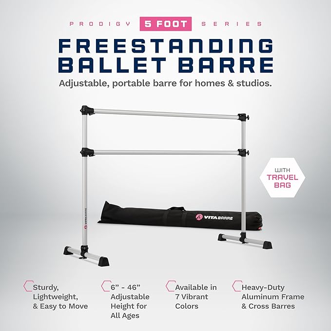 VITA Barre Portable Freestanding Double Ballet Barre, Prodigy, with Carry Bag | Adjustable Height, USA Made, Home or Gym Exercise Equipment for Kids & Adults | Dance, Fitness, Pilates