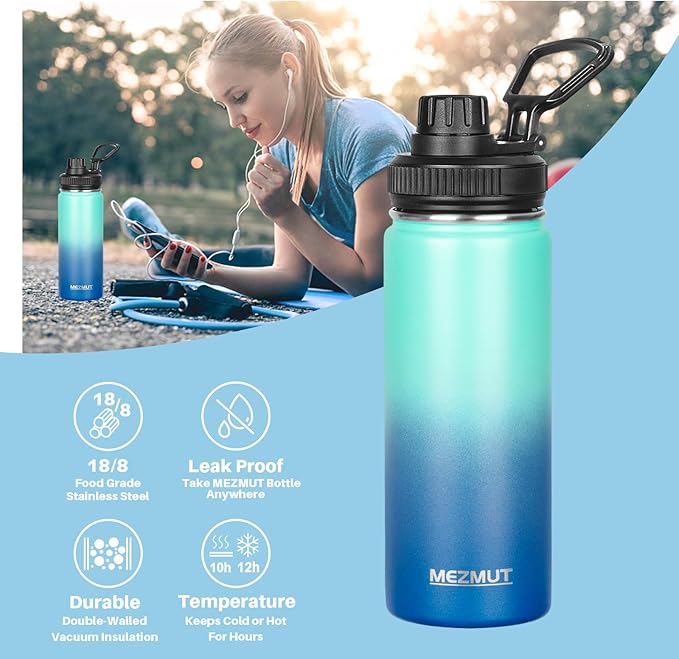 MEZMUT 18oz Insulated Water Bottle with Straw&2 Lids Stainless Steel Water Bottles Kids Metal Thermos Water Bottle Cup for School Vacuum Insulated Bottles Leak-Proof Travel Cup (Gradient Blue)