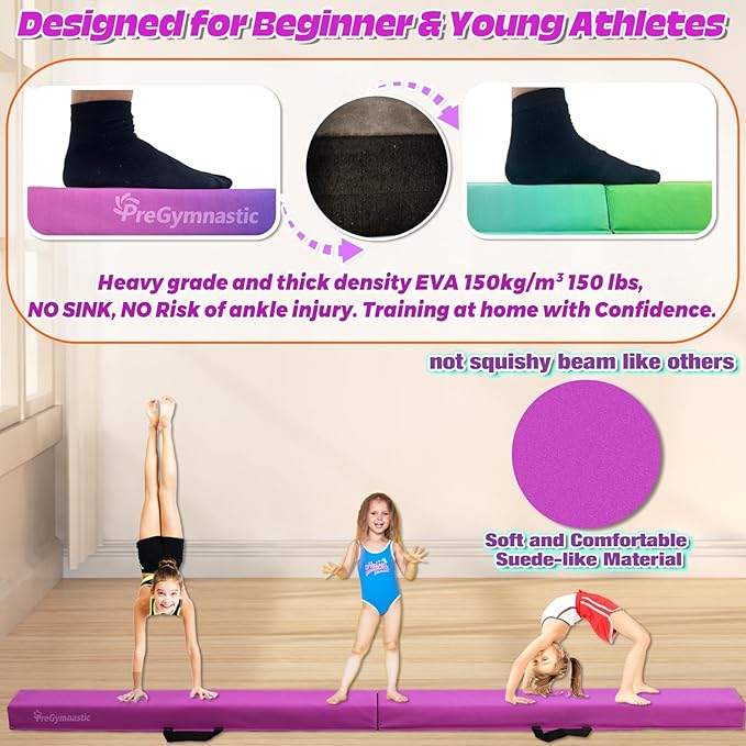 PreGymnastic 6FT/8FT/9.5FT Folding Balance Beam for Kids Ages 3-12, Foldable Gymnastics Floor Beam-Extra Firm Suede Cover with Carrying Bag for Home-Gym Equipment for Toddler Teenager