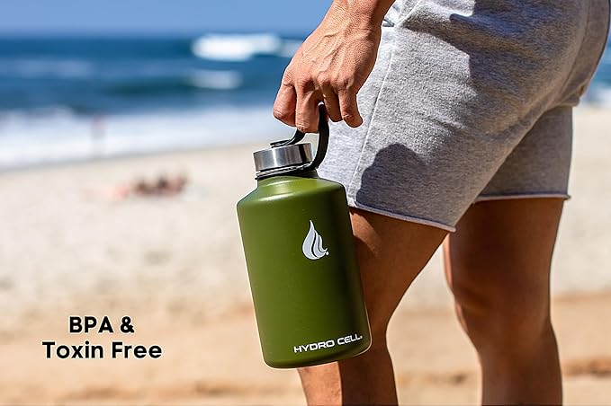 HYDRO CELL Stainless Steel Insulated Water Bottle with Straw - For Cold & Hot Drinks - Metal Vacuum Flask with Screw Cap and Modern Leakproof Sport Thermos for Adults (Army 64oz)