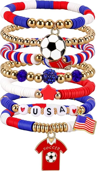 Soccer Bracelet For Women, Game Day Mom Accessories & Outfits Sports Jewelry Fans Gifts, Charm Beaded Stretch Bracelets Essentials Team Gear