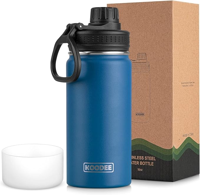 koodee Water Bottle -16 oz Stainless Steel Double Wall Vacuum Insulated Water Bottle for School Wide Mouth Spotrs Flask with Leakproof Spout Lid (Navy)