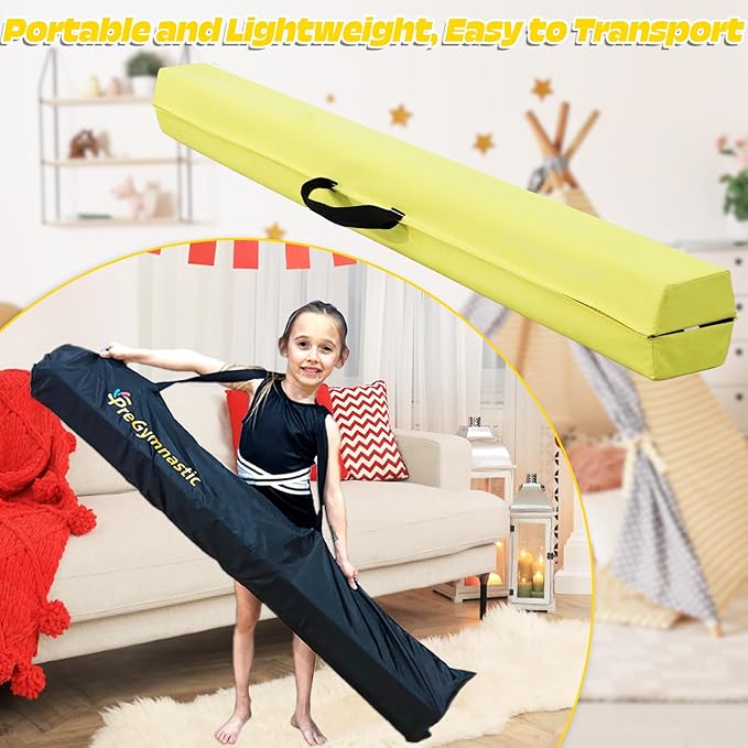 PreGymnastic 6FT/8FT/9.5FT Folding Balance Beam for Kids Ages 3-12, Foldable Gymnastics Floor Beam-Extra Firm Suede Cover with Carrying Bag for Home-Gym Equipment for Toddler Teenager