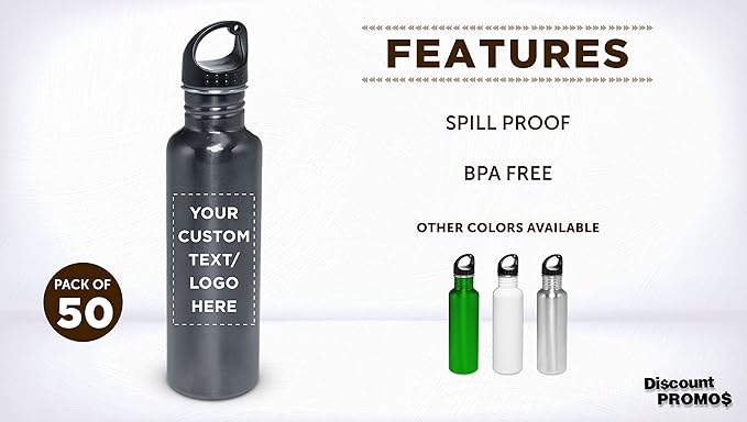 DISCOUNT PROMOS Custom Stainless Steel Water Bottles 26 oz. Set of 50, Personalized Bulk Pack - Reusable, Leak Proof, Perfect for Gym, Hiking, Camping, Outdoor Sports - Grey
