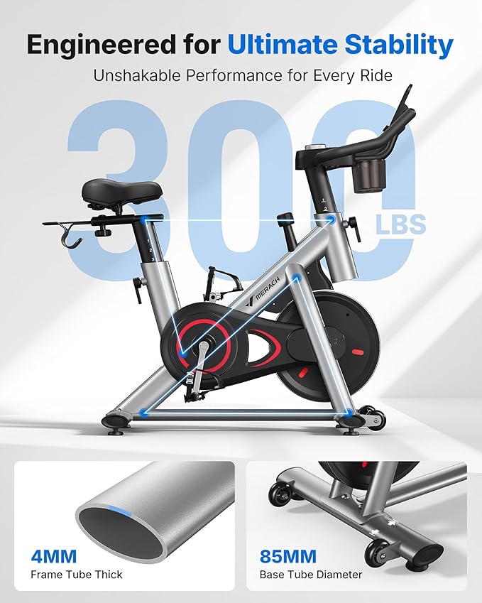 MERACH Exercise Bike, Brake Pad Stationary Bike with Exclusive App, Low Noise Indoor Cycling Bike with 300lbs Weight Capacity, Tablet Mount and Fitness Courses for Weight Loss