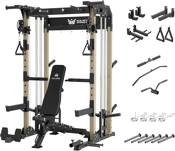 MAJOR FITNESS F22 Power Rack, 1600lbs All-in-One Squat Rack with Dual Pulley System, Heavy-Duty Steel Frame, Attachments & Storage for Home Gym Strength Training