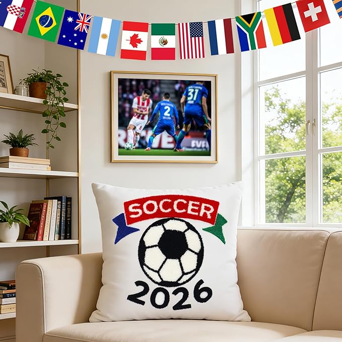 18x18 Inches Decorative Pillow Covers 1pc for World Soccer 2026 Fans, Soccer Ball Embroidered Throw Pillows Cases for Couch Bed Room, Game Day Home Decor Pillows Covers Gifts for Women Men