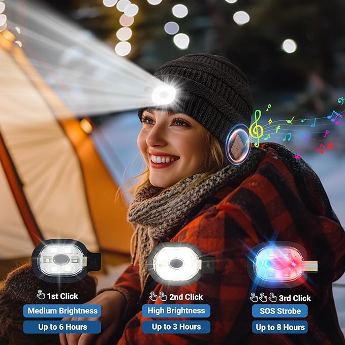 Rotibox Bluetooth Beanie Hat with Light, Music Knit Hat with Headphones for Outdoor Sports,Gifts for Men, Stocking Stuffers for Men