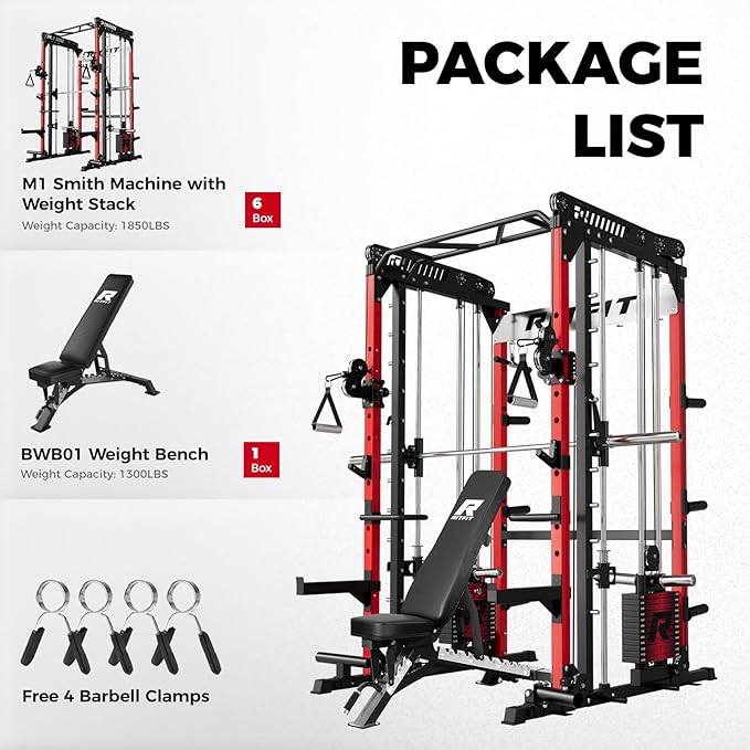 RitFit M1 Pro Smith Machine Package, All-in-One Power Cage with Weight Stack Set, Includes LAT Pulldown & Cable Crossover System for Home Gyme