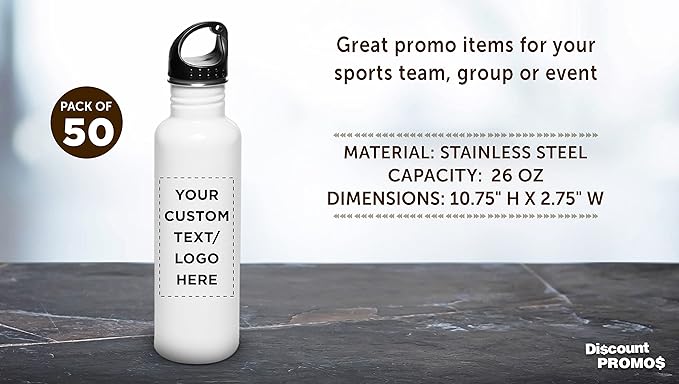 DISCOUNT PROMOS Custom Stainless Steel Water Bottles 26 oz. Set of 50, Personalized Bulk Pack - Reusable, Leak Proof, Perfect for Gym, Hiking, Camping, Outdoor Sports - White