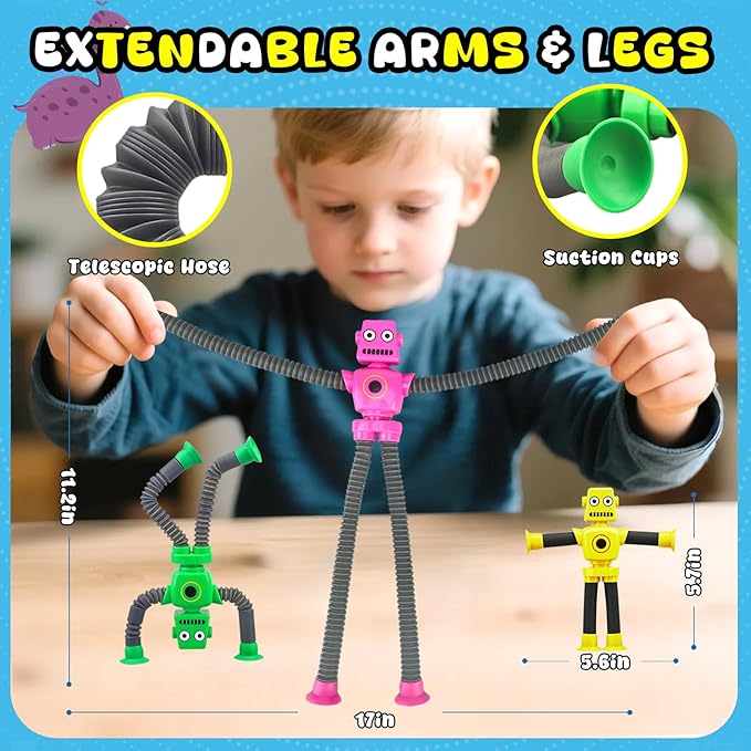 Dilabnba 12 PCS Suction Cup Fidget Pop Tube Robot Sensory Toys - Transformable Telescopic Tube, Travel Toys for Kids Toddlers (Ages 3-10) Stocking Stuffer Gift