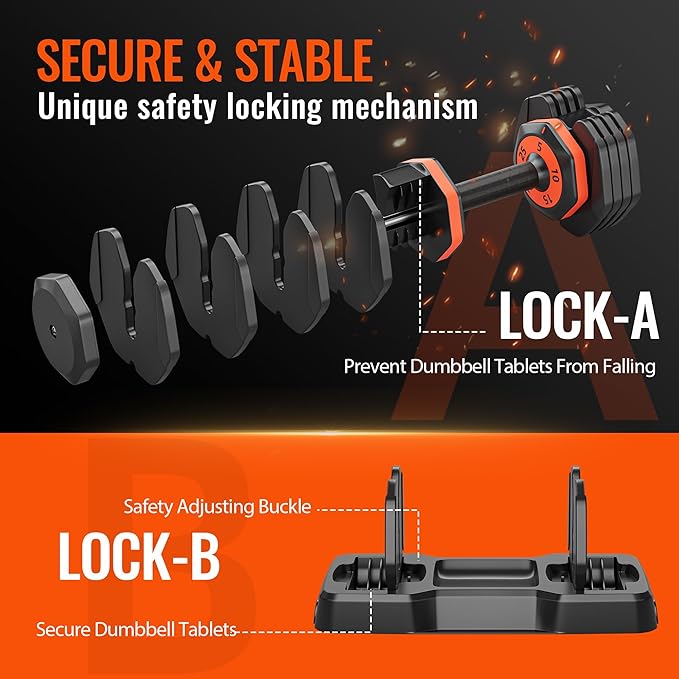 VEICK 25 lbs Adjustable Dumbbell with Anti-Slip Turning Handle, Fast Adjust Weight for Men Women, Exercise Equipment with Tray for Home Gym Full Body Workout Fitness