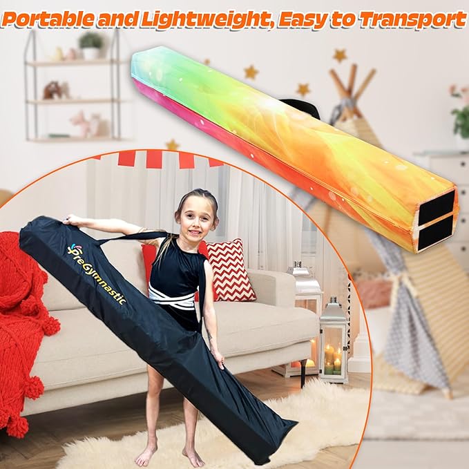 PreGymnastic 6FT/8FT/9.5FT Folding Balance Beam for Kids Ages 3-12, Foldable Gymnastics Floor Beam-Extra Firm Suede Cover with Carrying Bag for Home-Gym Equipment for Toddler Teenager