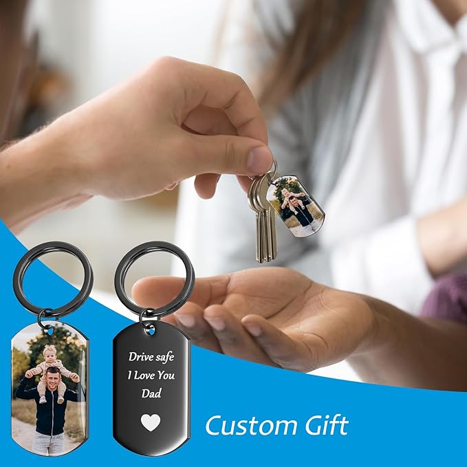 QYH Custom Keychain with Picture - Personalized Key Chain Laser Engraved Photo Text Gold Keychains Customized Gifts for Men