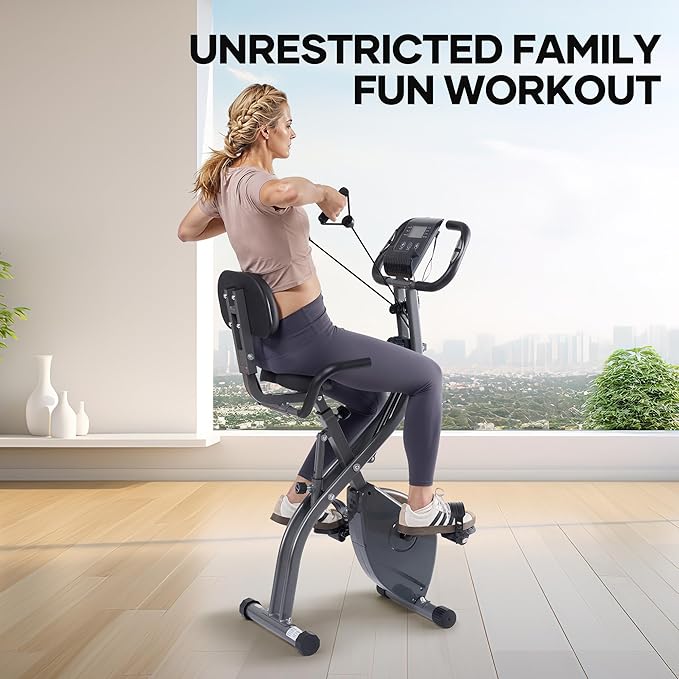 Exercise Bike Stationary Bikes for Home Recumbent Exercise Bike Folding with 10-Level Adjustable Resistance LCD Monitor Pulse Sensor Support Back Pad and Tablet Holder Arm Resistance Band 265LBS Weight Capacity for Home Workout