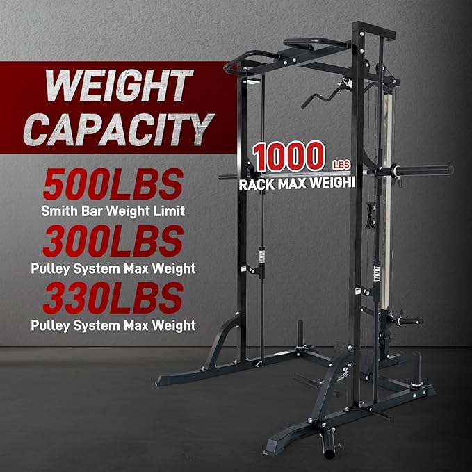 Smith Machine Power Cage Squat Rack with LAT-Pull Down System, 1000LBS Capacity, Landmine, Barbell Bar, Plate Storage Pegs and More Training Attachment for Garage Workout & Home Gym
