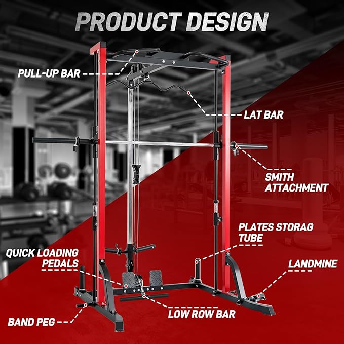 Smith Machine Power Cage Squat Rack with LAT-Pull Down System, 1000LBS Capacity, Landmine, Barbell Bar, Plate Storage Pegs and More Training Attachment for Garage Workout & Home Gym