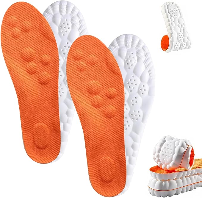 4D Cloud Insoles for Men Women, Memory Foam Boot Insoles, Comfortable and Breathable Massage Cushion Shoe Inserts with Arch Support, Trim to Fit All Shoe Types(2Pair-Orange, Men 10-11/Women 12-13)