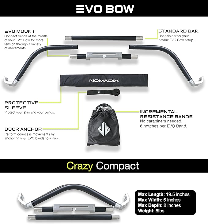 EVO Bow - All in One Portable Home Gym System with Ultra Weighted Push Up Board | Compact Strength Training and Exercise Equipment for Travel, Notched Resistance Bands for Full Body Training | 300lbs