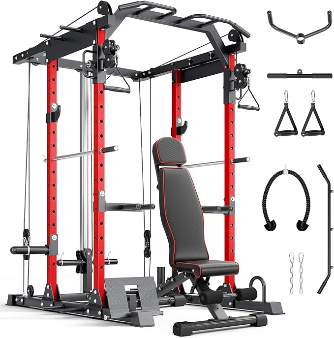 YOLEO Smooth Dual Pulley System Power Cage, 1700LBS Adjustable Cable Crossover Power Rack, Multi-Functional Squat Rack for Home Gym