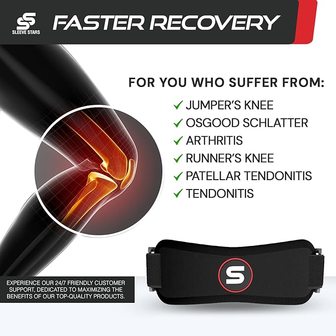 Sleeve Stars Swedish Brand Patellar Tendon Support Strap for Women & Men Effective Osgood Schlatter Knee Brace Youth & Kids Knee Brace with 3 Adjustable Length fits 12"-24" (Pair/Black/Adult)