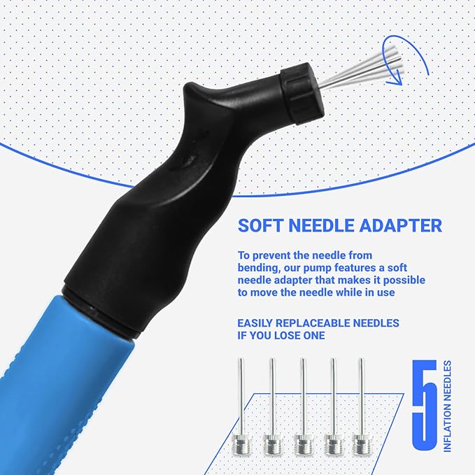 SPORTBIT Ball Pump for Sports Balls - Push & Pull Inflating System - Hand Pump for All Exercise Balls - Volleyball Pump, Basketball Inflator, Football & Soccer Ball Air Pump - Goes with 5 Needles Set