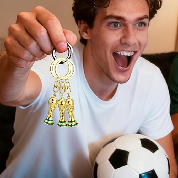 3 PCS 3D World Cup Trophy Golden Keychain Set Charm, Premium Zinc Alloy Football Fan Gift, Sports Event Keys for Backpacks, Bags, Fans & Collectors World Cup Souvenir