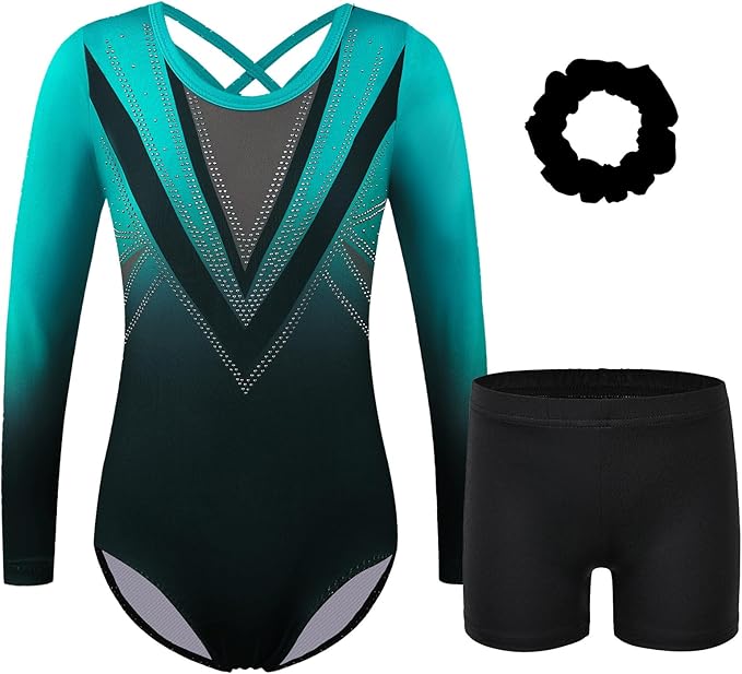 BAOHULU Gymnastics Leotards for Girls Long Sleeve Sparkly Cute Pattern Dance Outfit with Matching Shorts Set