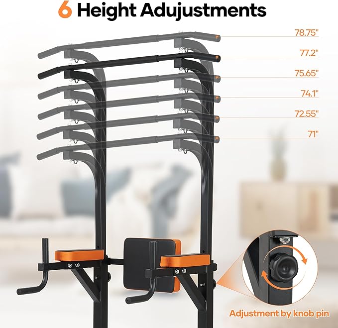 Power Tower Pull Up Bar,Pull Up Bar Station, 6-Level Adjustable Pull Up Dip Station for Home Gym, 450 Lbs Weight Capacity, Strength Training Fitness Workout Equipment with Power Elastic Ropes