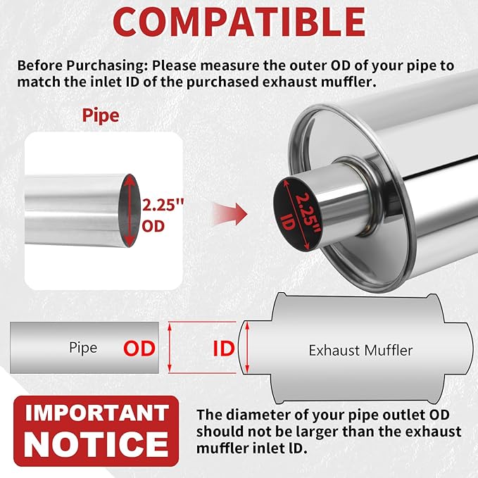 LCGP 2.25” Ultra Quiet Resonator, 2.25'' Inlet & Outlet 14" Overall Length Universal Muffler, 304 Stainless Steel vibrant performance resonator 2.25", Oval Muffler Shape, Silver